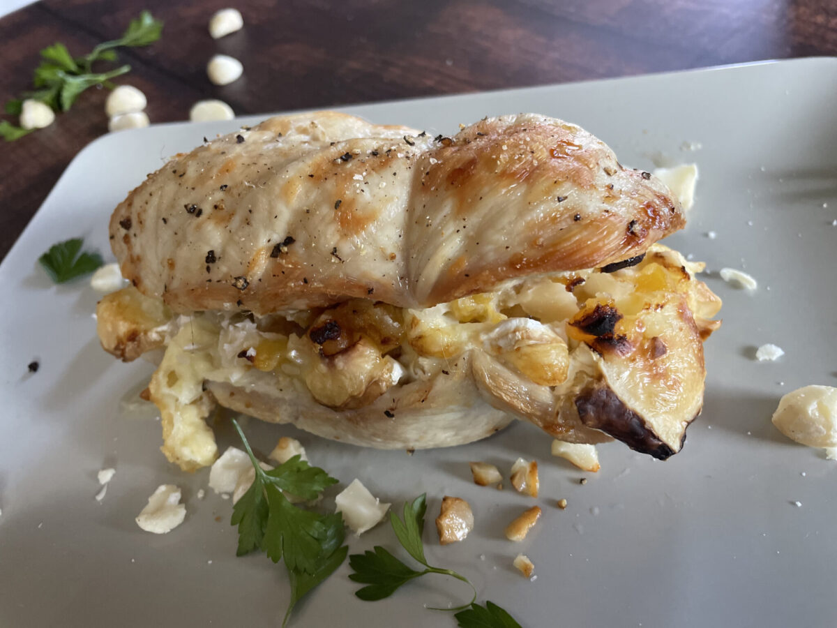 CHICKEN WITH CAMEMBERT, MACADAMIAS AND APRICOTS